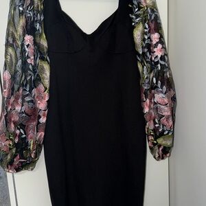 ASOS Black Dress with Floral Sheer Puff Sleeves